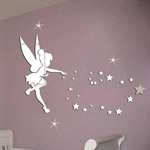 Dreamark Pegatinas de pared de espejo 3D extraíbles pegatinas de pared, hada niña y estrella DIY de plata para decoración del hogar
