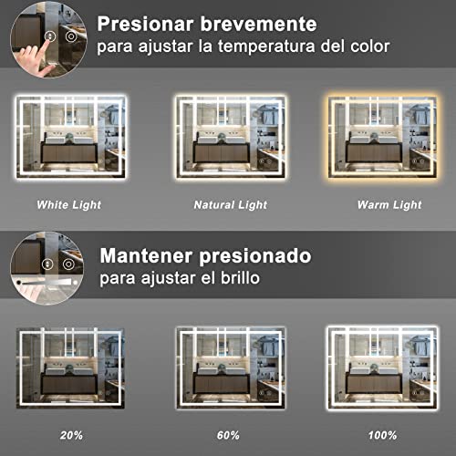 Dripex Espejo de Baño con Luz LED 60 x 80 cm, Antivaho, Interruptor Táctil, Dimmable, 3 Colores de Luz, IP54, Instalar Horizontal/Vertical