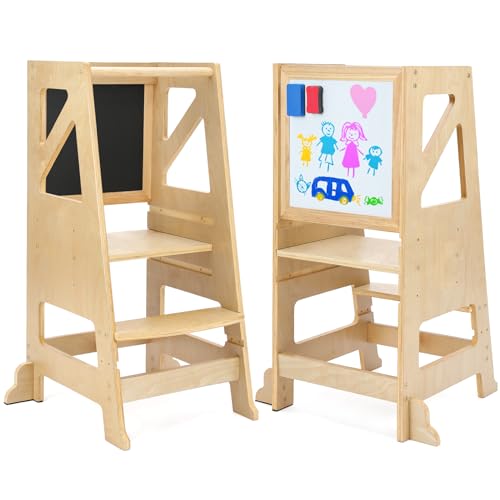 Dripex Torre de Aprendizaje con estantes Regulables, Torre Montessori de Madera para niños y bebés, Learning Tower Altura Ajustable con Pizarra Blanca y Negra (Madera)