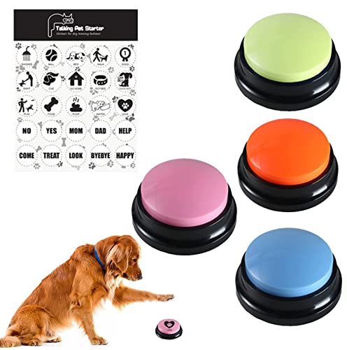 Duffire Botones de perro para comunicación y entrenamiento, paquete de 4 botones grabables para perros, zumbador de comando para mascotas, con 25 calcomanías, registro de 30 segundos
