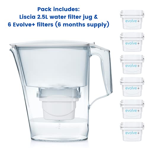 E-volve Aqua Optima Liscia + 6 cartuchos agua Evolve. Pack de 6 meses, blanco, 2,8 litros, Jarra 2,5L + 6 filtros