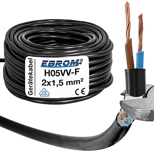EBROM Cable redondo de plástico para manguera H05VV-F 2 x 1,5 mm² (mm2), color: negro, 5 m, 10 m, 15 m, 20 m, 25 m, 30 m, 35 m, 40 m, 45 m, 50 m, 55 m, 60 m, etc. hasta 200 m en pasos de 5 m