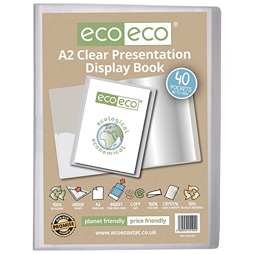 eco-eco Eco104 - Cuaderno de presentación transparente de 40 bolsillos, tamaño A2, 50% reciclado, con fundas de plástico