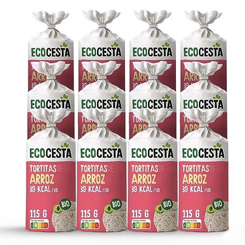 Ecocesta - Pack de 12 Unidades de 115 g de Tortitas Ecológicas de Arroz Integral - Sin Azúcar Añadido y Sin Gluten - Fuente de Hidratos de Carbono - Aptas para Veganos