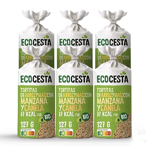 Ecocesta - Pack de 6 Unidades de 127 g de Tortitas Ecológicas de Arroz Integral y Maíz con Manzana y Canela - 127 g - Bajo Contenido en Sal - Sin Gluten - Aptas para Veganos - Ideales en Desayunos