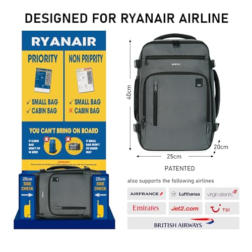 ECOHUB Ryanair Mochila Viaje Cabina Avion 40x20x25 Maletas de Viaje Bolsa de Viaje Bolso del Ordenador Portátil Maleta de Mano Under Seat Eco PET Mochila para Equipaje de Mano 20L,Patentado(Gris)