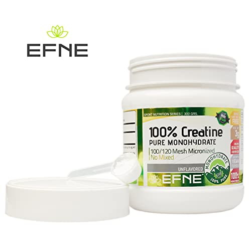 EFNE | Creatina 100% Monohidrato 100/120 Mesh Micronized | 300 Gramos en Polvo | 100% Pureza |Aumenta Resistencia | Aumenta Fuerza |Sabor Neutro | Vegano | Fabricada sin mezclas