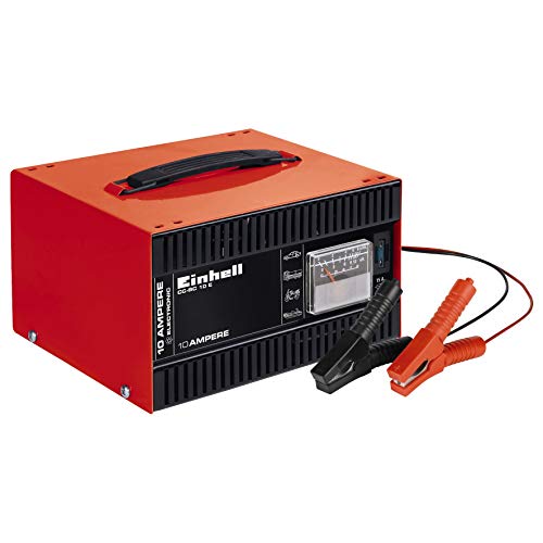 Einhell Cargador de baterías CC-BC 10 E (12 V, para baterías de 5-200 Ah, electrónica de carga, carcasa de chapa de acero, incl. cable de carga con pinzas para polos)