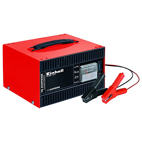 Einhell Cargador de baterías CC-BC 10 E (12 V, para baterías de 5-200 Ah, electrónica de carga, carcasa de chapa de acero, incl. cable de carga con pinzas para polos)