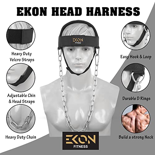 EKON - Arnés de entrenamiento para el cuello y la cabeza, para levantamiento de pesas, levantamiento de pesas, entrenamiento para boxeo, artes marciales mixtas, cuello fuerte, cadena de acero (con