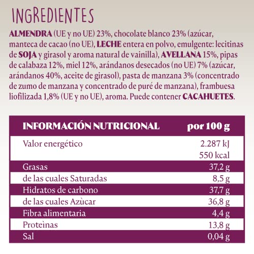 El Almendro, Barritas de Almendra con Chocolate Blanco y Frutos Rojos, Barritas Energeticas, Barritas Cereales, 4 porciones de 25 Gramos, 100 Gramos