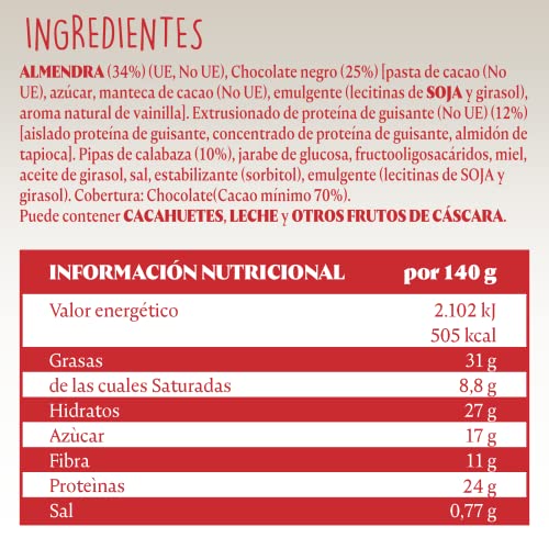 El Almendro, Barritas de Almendra y Chocolate Negro 70%, Barritas Energeticas, Barritas Proteicas, 4 porciones de 35 Gramos, 140 Gramos