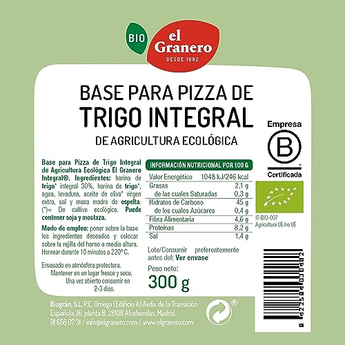 El Granero Integral - Bases de Trigo Integral para Pizza BIO - 2 Und. 300 g - Alto Contenido en Fibra y Nutrientes Esenciales - Niveles Calóricos Bajos - Aptas para Veganos