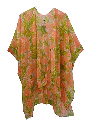 Elu ♥ Kimono de playa para mujer, cárdigan casual con estampado floral bohemio, Gasa Neón Naranja Verde, Talla única