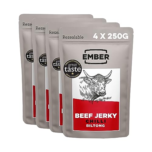 Ember Snacks - Biltong Beef Jerky (4x250g Chilli) Alto en proteínas, bajo en calorías. Refrigerio Bajo en Grasa, Para Llevar
