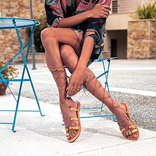 Emmanuela Sandalias altas de cuero en estilo griego antiguo, Sandalias de gladiador hechas a mano, Zapatos de verano, Sandalias con cordones Dorado, 38 EU