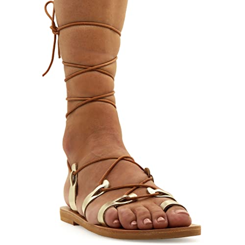 Emmanuela Sandalias altas de cuero en estilo griego antiguo, Sandalias de gladiador hechas a mano, Zapatos de verano, Sandalias con cordones Dorado, 38 EU