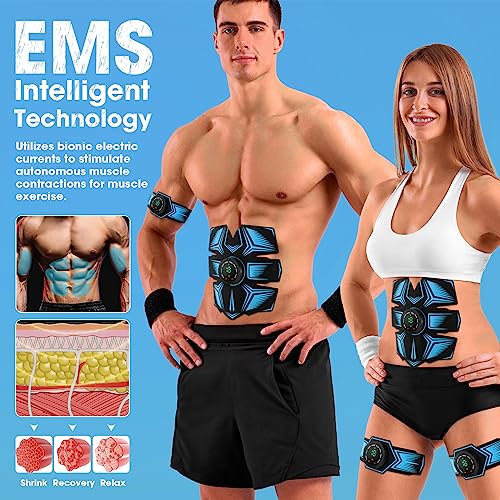 EMS Electroestimulador Muscular, Abdominales Electroestimulacion, USB Recargable EMS Estimulador Eléctrico Abdominal para Hombres Mujeres, Abdomen/Brazos/piernas, 8 Modos y 19 intensidades (azul)