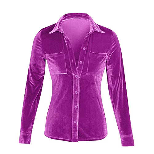 EMUKFD Blusa de terciopelo de invierno para mujer, manga larga, casual, con botones, cuello en V, cuello de solapa, con bolsillo, manga larga de terciopelo de invierno para mujer, hot pink, XL