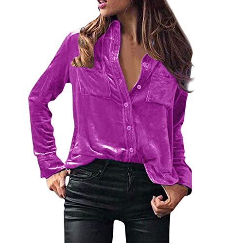 EMUKFD Blusa de terciopelo de invierno para mujer, manga larga, casual, con botones, cuello en V, cuello de solapa, con bolsillo, manga larga de terciopelo de invierno para mujer, hot pink, XL