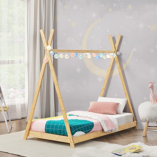 [en.casa] Cama Infantil Diseño Tipi Cama Montessori para Niños con Somier 80 x 160 cm Carga Máx. 200 kg Bambú 168 x 87 x 150 cm - Color Natural