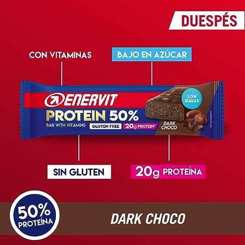 Enervit Barrita Proteica 50% Dark Choco, 20 g Proteína, Vitamina D y Vitamina B6, Sabor a Chocolate Oscuro, Sin Gluten, Bajo en Azúcar, 12 x 40g Barritas