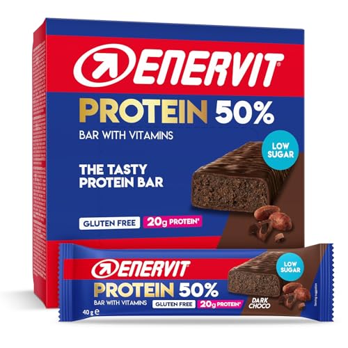 Enervit Barrita Proteica 50% Dark Choco, 20 g Proteína, Vitamina D y Vitamina B6, Sabor a Chocolate Oscuro, Sin Gluten, Bajo en Azúcar, 12 x 40g Barritas