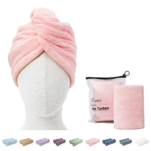 Enetix. Juego de 2 toallas para el pelo de microfibra, para mujer, 25,4 x 68,5 cm, turbante para el pelo muy absorbente, antiencrespamiento, toallas para el pelo de secado rápido con botón (rosa)