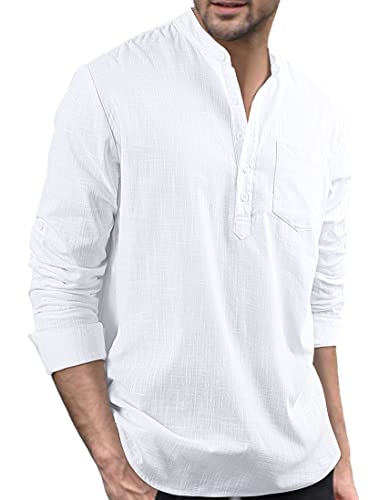 Enlision Hombre Verano Camisa de Lino Camisa Ajustada de Color Liso Camisa con Cuello en V Blusa de Moda con Botones T-Shirt Informal Blanco 4XL