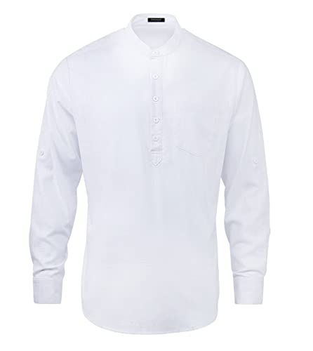 Enlision Hombre Verano Camisa de Lino Camisa Ajustada de Color Liso Camisa con Cuello en V Blusa de Moda con Botones T-Shirt Informal Blanco 4XL