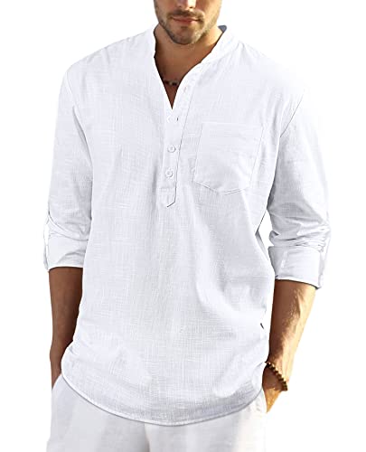 Enlision Hombre Verano Camisa de Lino Camisa Ajustada de Color Liso Camisa con Cuello en V Blusa de Moda con Botones T-Shirt Informal Blanco M