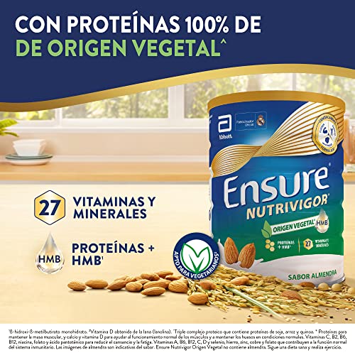 Ensure Nutrivigor Origen Vegetal  – Sabor Almendra- Complemento Alimenticio para Adultos, con HMB, Proteínas, Vitaminas y Minerales, como el Calcio- Lata de 850 g​