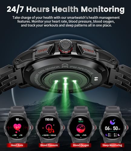 ESFOE Smartwatch Hombre Militar con Llamadas Bluetooth, IP68 Impermeable Smartwatch con 129+ Modos Deportivos/SpO2/Pulsómetro/Monitor de Sueño,Reproducir Música,Reloj Inteligente Hombre iOS Android