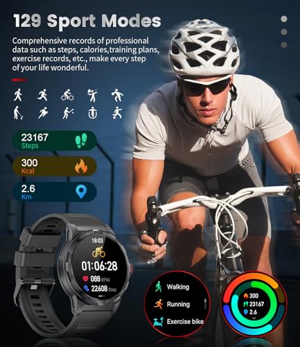ESFOE Smartwatch Hombre Militar con Llamadas Bluetooth, IP68 Impermeable Smartwatch con 129+ Modos Deportivos/SpO2/Pulsómetro/Monitor de Sueño,Reproducir Música,Reloj Inteligente Hombre iOS Android