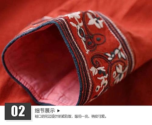 Estilo Étnico Chino Vintage Algodón Suelto y Lino Mujer Inclinado Bordado Top Hanfu Té Antiguo Ropa Zen Rojo M