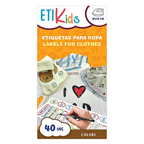 ETIKIDS 40 Etiquetas para ropa personalizables para la guardería y colegio. Pegatinas termoadhesivas con dibujos para escribir el nombre con bolígrafo resistentes a la lavadora y secadora. (Color)