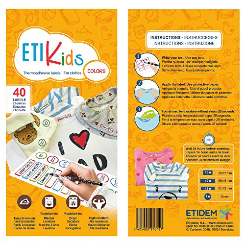 ETIKIDS 40 Etiquetas para ropa personalizables para la guardería y colegio. Pegatinas termoadhesivas con dibujos para escribir el nombre con bolígrafo resistentes a la lavadora y secadora. (Color)