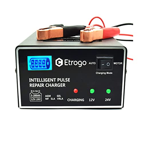 Etrogo Cargador Bateria Plomo de Coche 12V 24V 10A Intelligent de Pulso con Pantalla LED a Barra-Gris