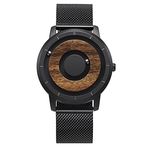 EUTOUR Reloj de Madera para Hombre Magnetico Cuarzo Sin Vidrio Rodamiento de Bolas Relojes de Pulsera para Hombres con Correa de Acero Inoxidable Negro