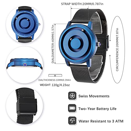 EUTOUR Reloj Magnetico Hombre Cuarzo Sin Vidrio Rodamiento de Bolas Relojes de Pulsera para Hombres con Correa de Acero Inoxidable Azul