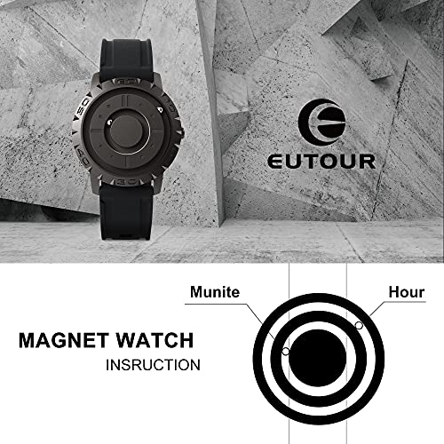 EUTOUR Reloj Magnetico Hombre Cuarzo Sin Vidrio Rodamiento de Bolas Relojes de Pulsera para Hombres con Correa en Silicona Negro