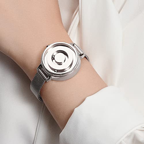 EUTOUR Reloj Mujer Magnetico Elegante Designer Minimalista Cuarzo Sin Vidrio Rodamiento de Bolas Relojes de Pulsera para Mujeres con Correa de Acero Inoxidable Plateado