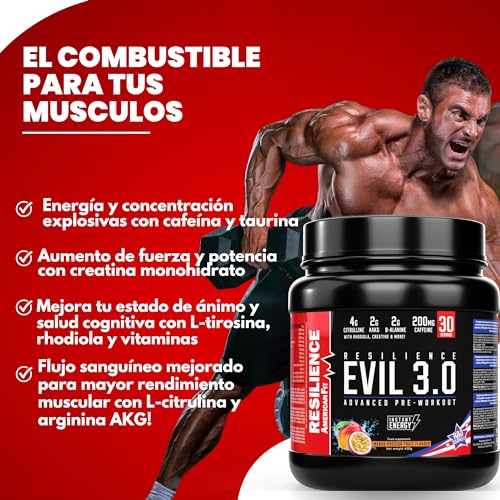 Evil 3.0|Gimnasio Preentreno|450g|Pre Workout con Cafeína|Creatina en Polvo|Beta Alanina|Preentrenamiento Potente| Mango Pasion