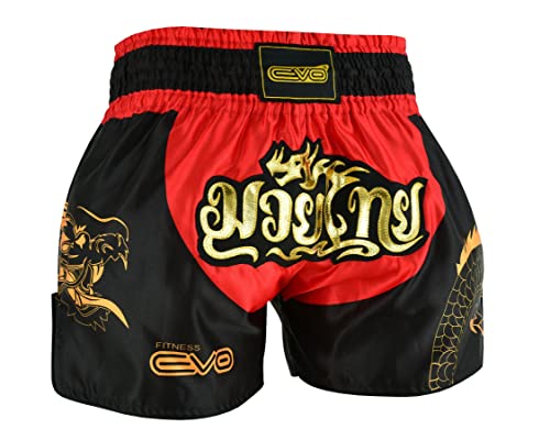 EVO Fitness Pantalones cortos para Muay Thai, artes marciales, artes marciales, grappling, kickboxing, UFC, jaula, lucha, gimnasio, entrenamiento, hombres y mujeres (L, rojo/negro)