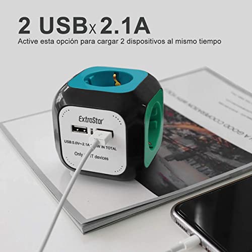EXTRASTAR 6 en 1 Cubo Regleta Enchufe con USB de 4 Enchufes + 2 Puertos USB 5V, 1.5M, MAX 3680W, 16A, Color, para Hogar Oficina