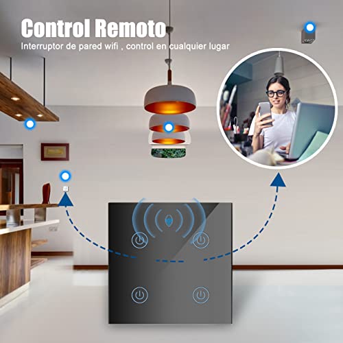 EXTRASTAR Interruptor de Pared Táctil Wi-Fi, 4 Vías, 4 Canales, Compatibilidad con asistentes inteligentes como Google Home y Amazon Alexa Se Requiere Cable Neutro Negro