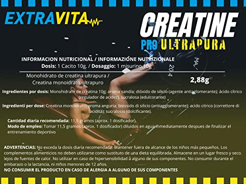 extraVITA-CREATINA PRO Microfiltrada para un máximo crecimiento y resistencia muscular - Suplemento deportivo en polvo para aumentar la fuerza y el rendimiento en tus entrenamientos- sabor sandía 300g
