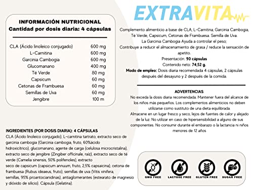 extraVITA-Termogénico y Adelgazante con avanzada Acción Quemagrasas | Garcinia Cambogia + L-Carnitina + CLA + Glucomanano + Te Verde | 90 cápsulas.
