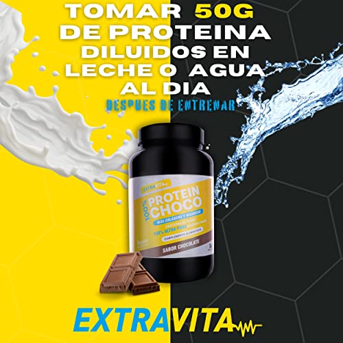 extraVITA - WHEY PROTEINA DE CHOCOLATE, 100% PURA PROTEINA WHEY CON COLAGENO + MAGNESIO, PROTEINAS PARA AUMENTAR MASA MUSCULAR, PRE ENTRENO BATIDOS DE PROTEINAS - 1000G DE SABOR CHOCOLATE