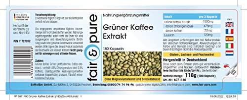 Fair & Pure® - Extracto de Café Verde 500mg - Vegano y natural - 45% de ácido clorogénico - Alta pureza - 180 Cápsulas